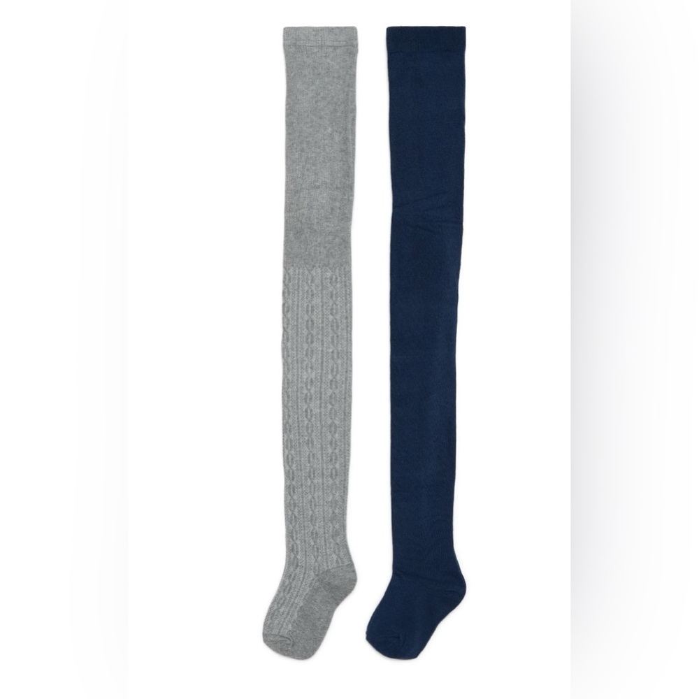 NWT WonderNation Girls Heavyweight Footed Tights‎ 2 Pack Cable Knit Gray Navy M